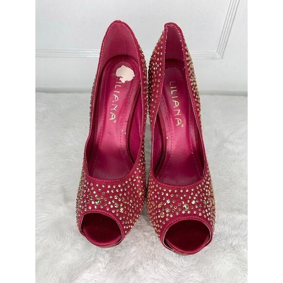 Lilliana Womens Size 7 Red Rhinestone Peep Toe Stiletto High Heels - Picture 2 of 8